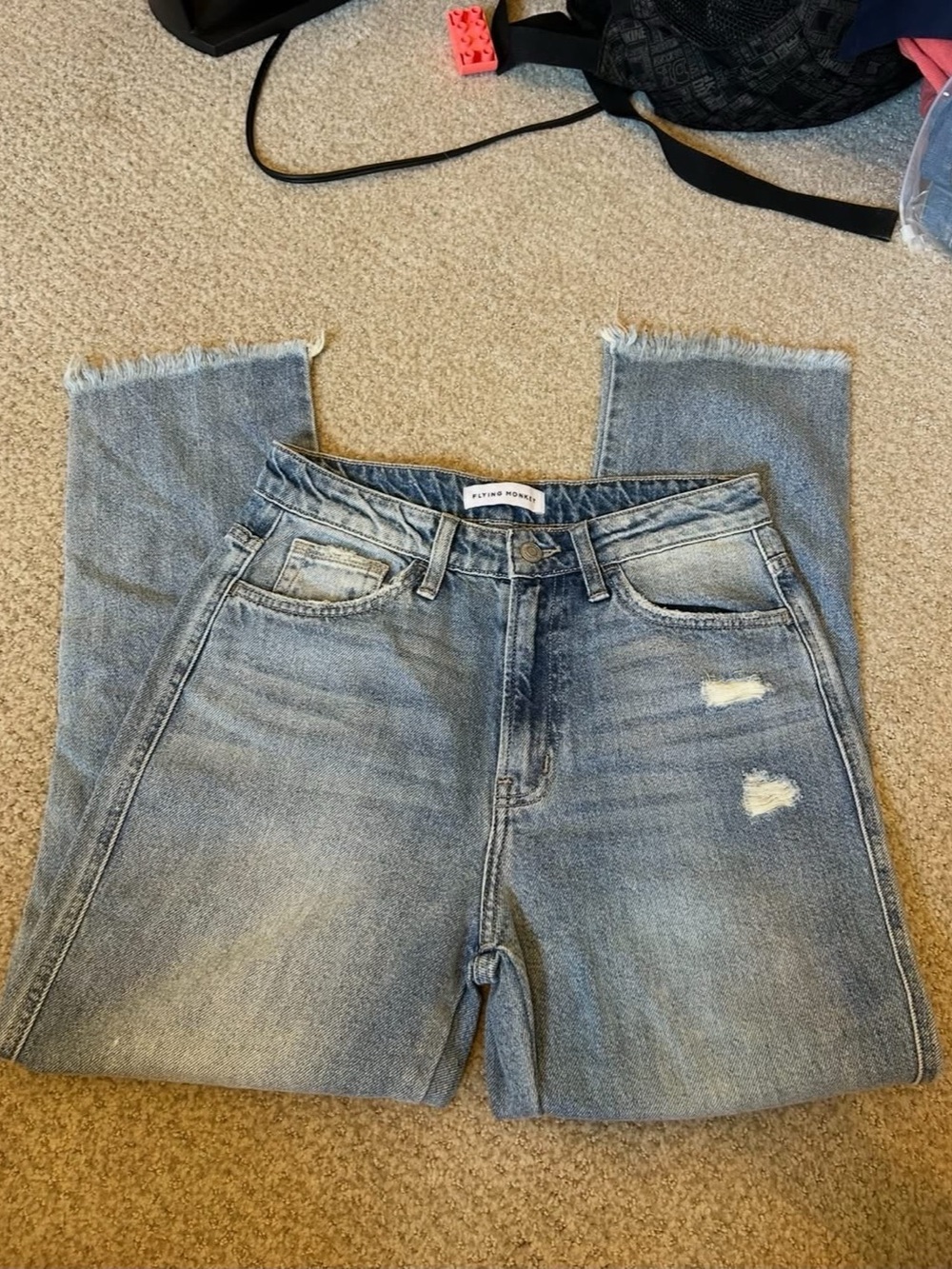 Flying Monkey Distressed Straight Leg Jeans in Blue Waist 27